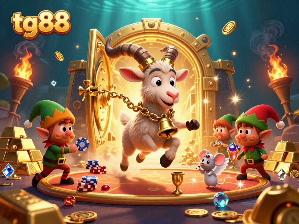 Experience tg88's vibrant and dynamic casino environment with a festive Krampus and mischievous elves stealing poker chips.