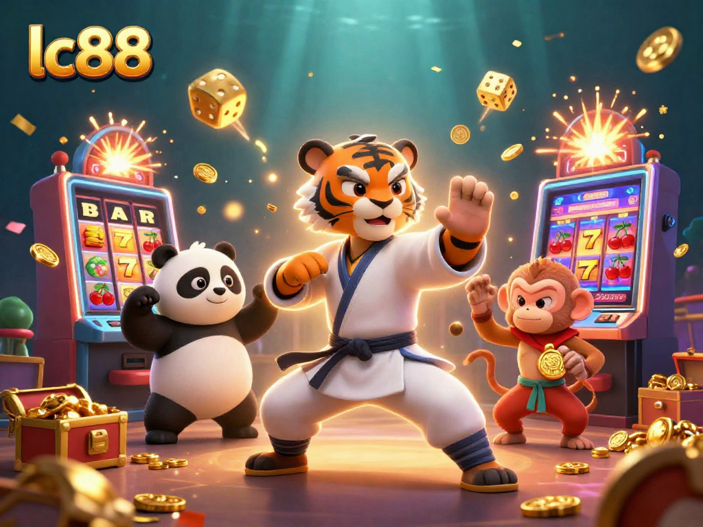 Experience exciting gaming action with lc88, featuring a tiger master and panda in a vibrant casino scene.
