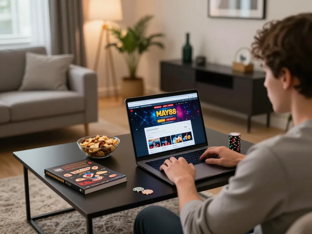 Engaged player using link MAY88 online interface on laptop for casino gaming strategies