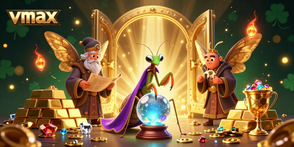Experience vibrant winnings at vmax with mystical creatures revealing fortune in a rich casino setting.