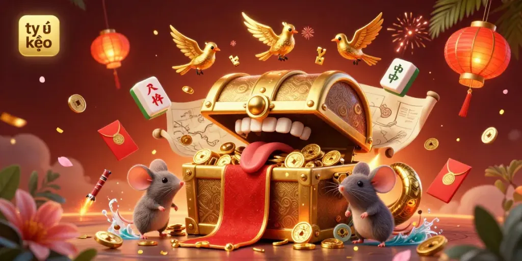 Engaging scene depicting tỷ lệ kèo with cartoon mice enchanted by a golden treasure chest filled with riches.