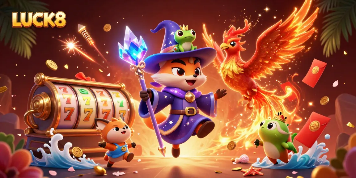 LUCK8 players enjoy spins with vibrant slot reels and golden animations in a beautiful casino setting.