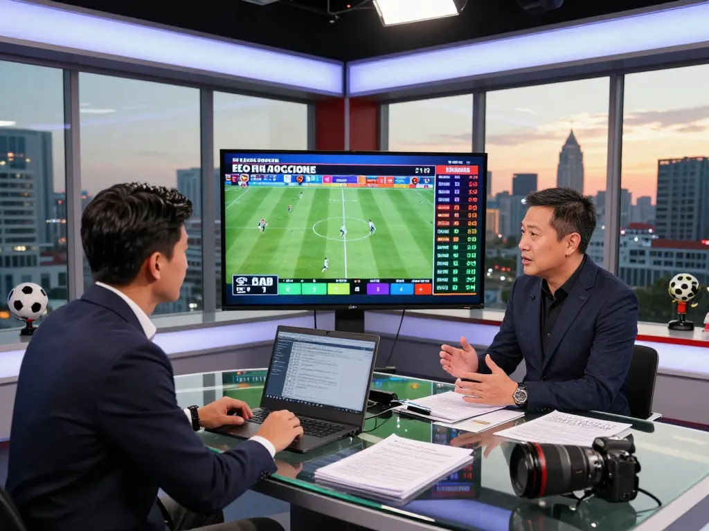 Expert discussing kèo nhà cái in a vibrant sports studio with live game stats and betting odds.