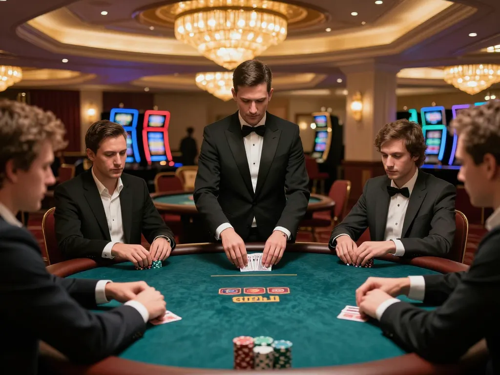 A thrilling poker scene at elite casino showcasing thabete gameplay with players and dealer engaged in strategic moments