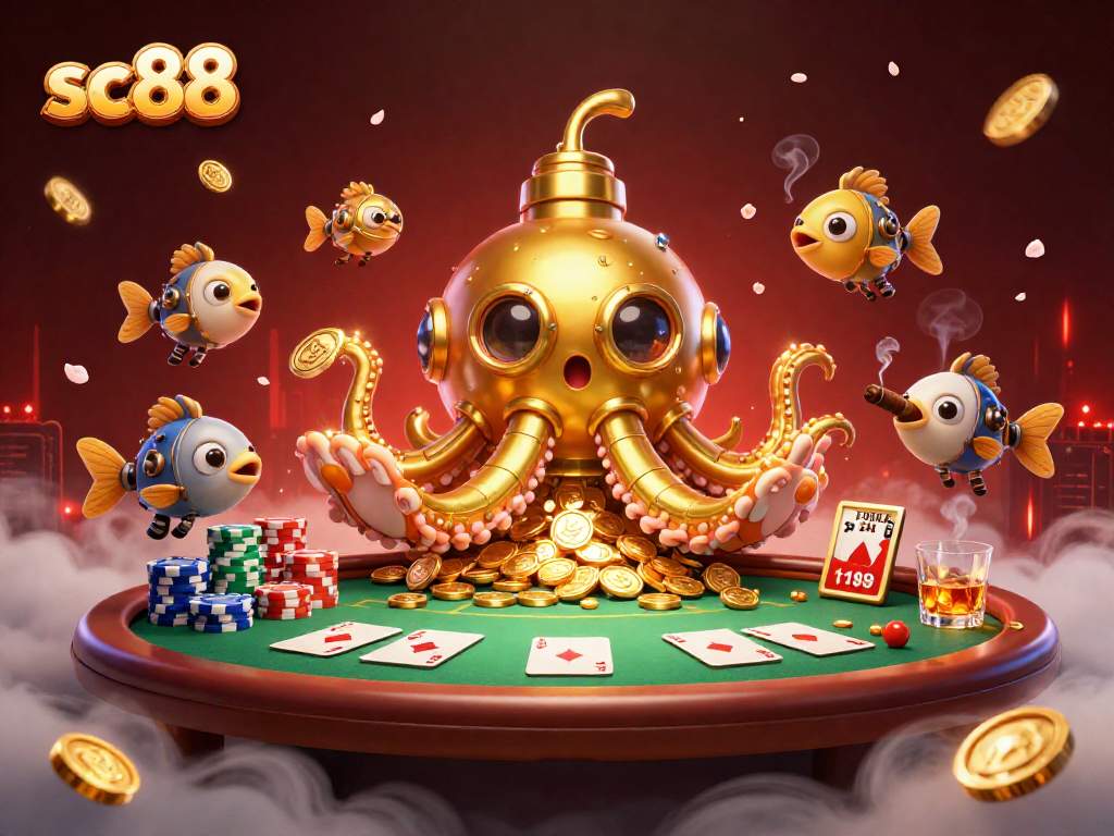 Experience sc88 with a 3D golden kraken submarine surrounded by poker elements and gold coins.