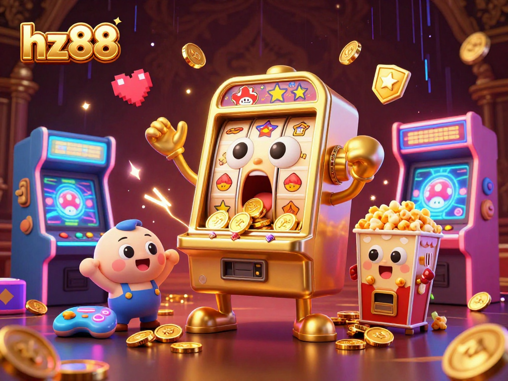 Spin the reels at hz88 as the golden slot machine celebrates hitting a jackpot, surrounded by vibrant gaming elements.