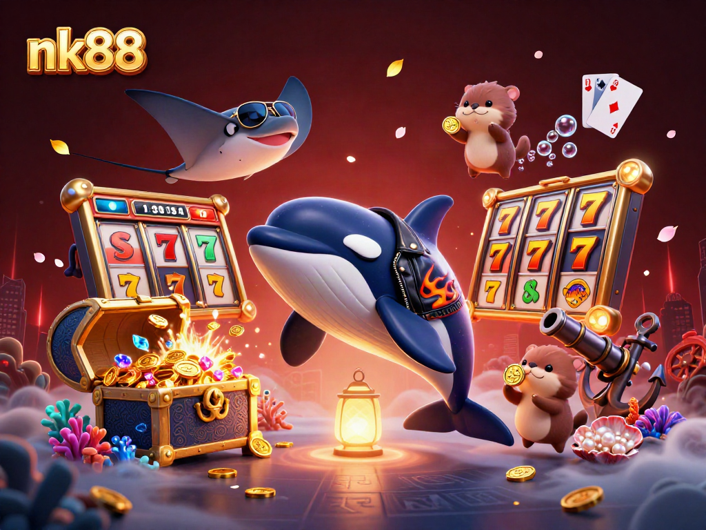 Engage with thrilling moments at nk88 casino showcasing dynamic characters, vibrant games, and underwater treasures.