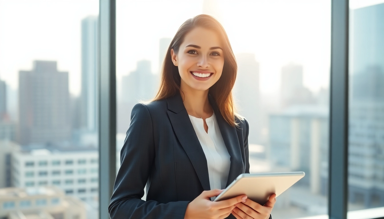 Businesswoman representing the ideal career in a bright office environment.
