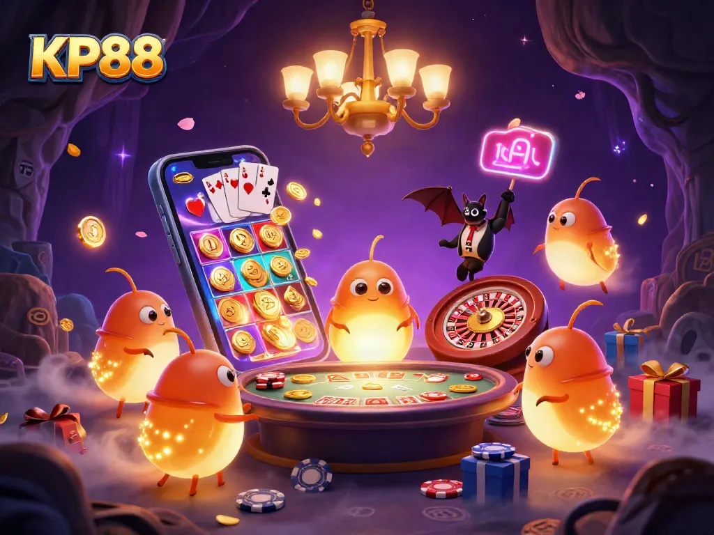 Spin the reels at KP88 with bioluminescent glowworms lighting up a dynamic casino scene.