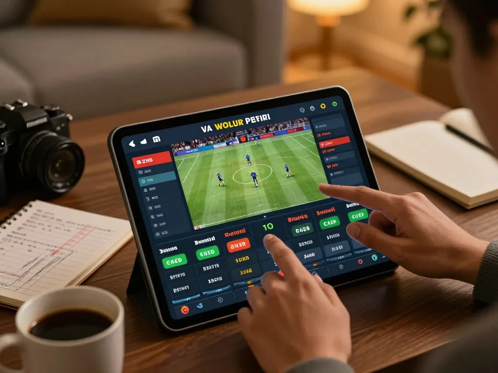 Person actively placing a bet on ok8386 sports betting platform on a tablet in a cozy home setting