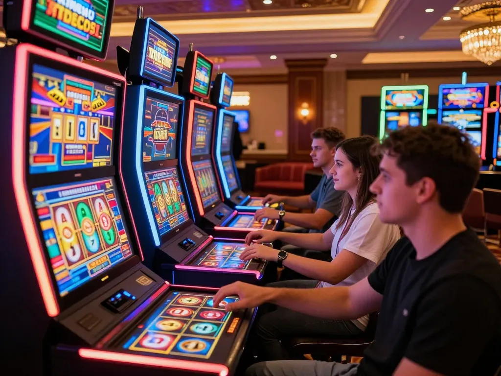 Players engaging with exciting slot machines in TG88 casino venue, vibrant colors and thrilling atmosphere.