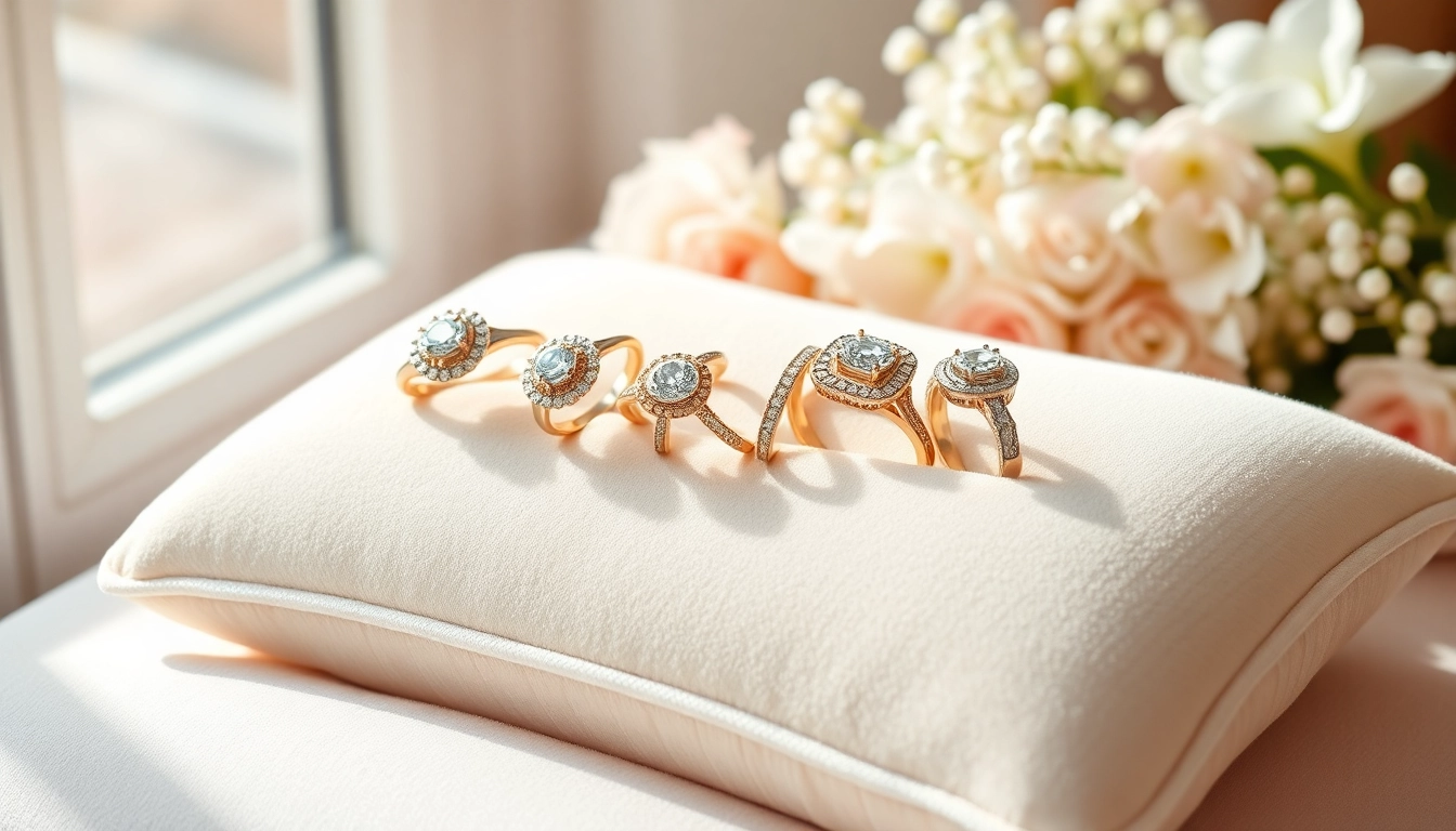 Showcase of Diamond engagement rings UK on velvet cushion, featuring various designs and elegant lighting.