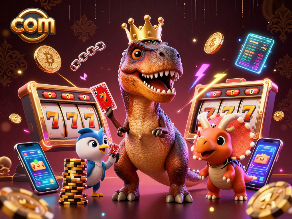 Engage with com opportunities by playing slots with T-Rex and friends in a vibrant casino scene.