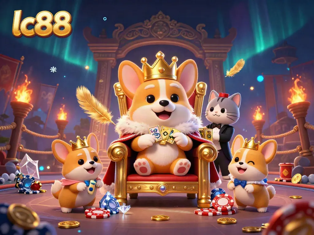 Experience the excitement of lc88 with a royal corgi and golden card deck in a vibrant casino scene.