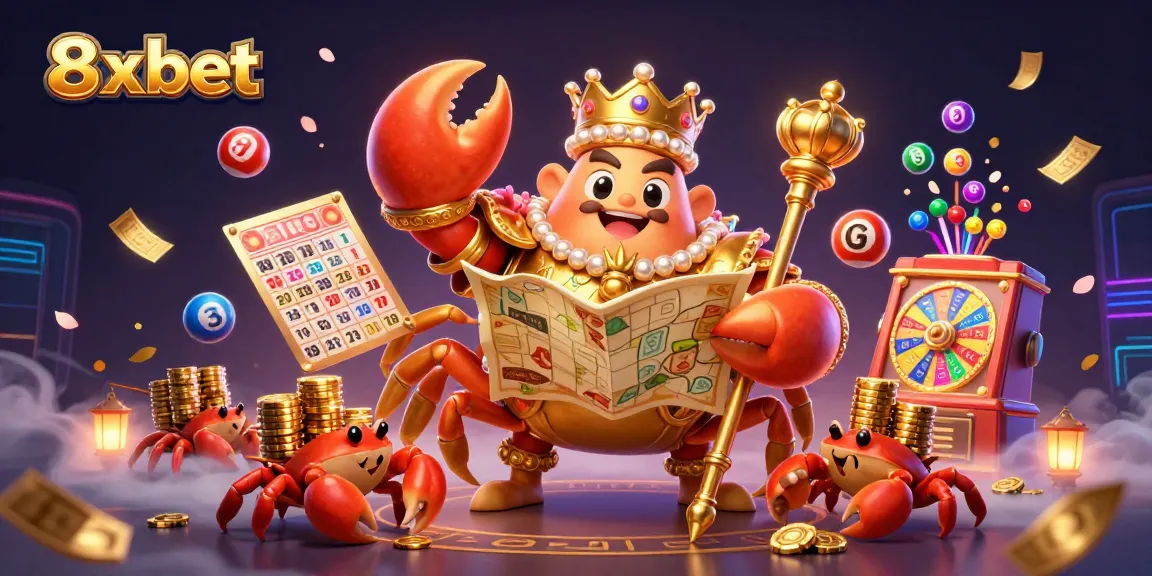 Experience 8xbet gaming excitement with a vibrant 3D crab emperor and dynamic lottery elements