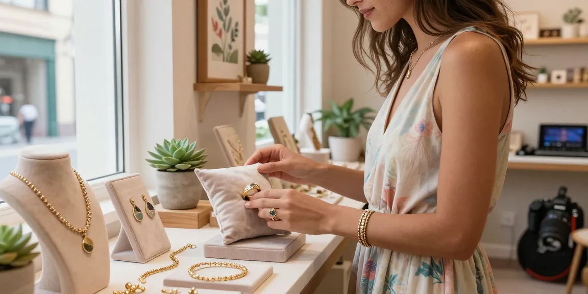 Woman admiring a recycled gold engagement ring in a stylish jewelry boutique filled with sea-inspired pieces.