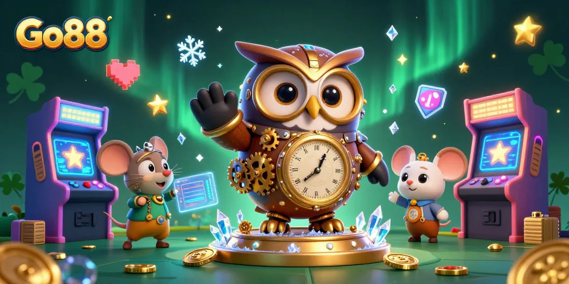 Experience the excitement of Go88 as the time-traveling owl explores colorful 3D gaming elements in a vibrant casino scene.
