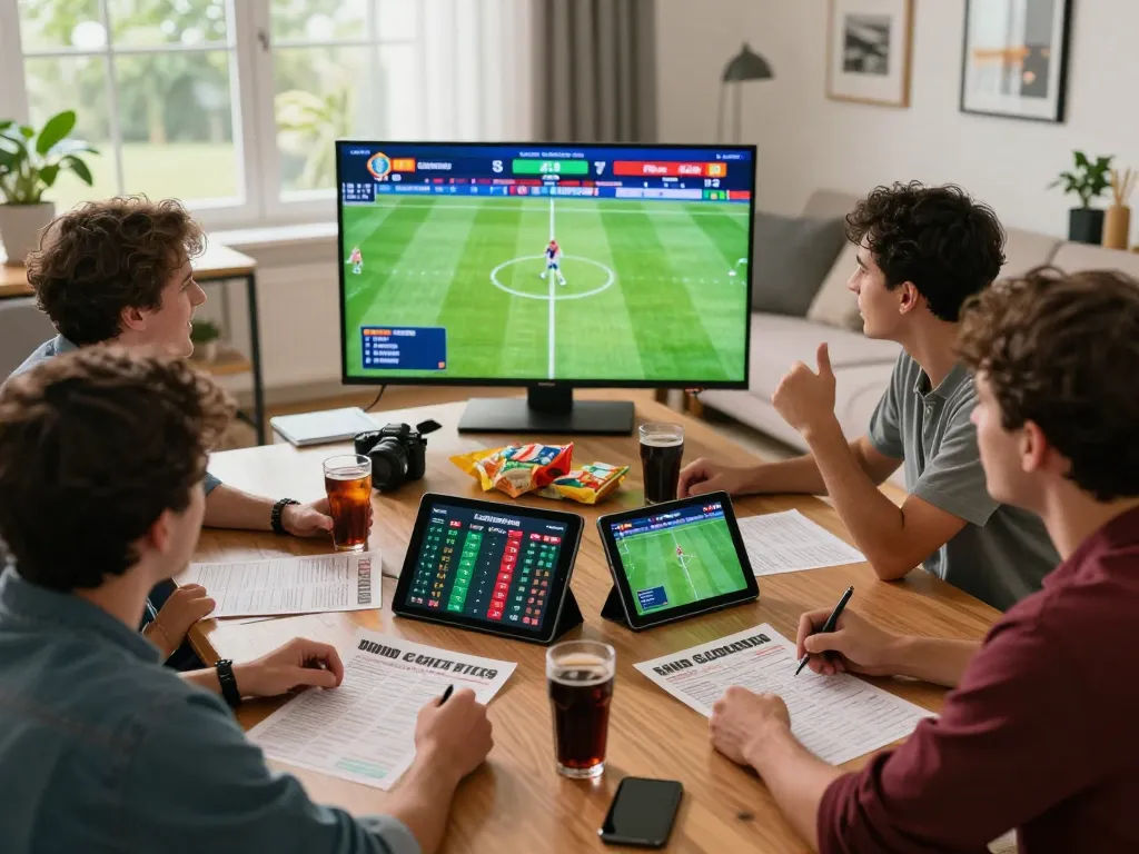Engaged friends enjoying kèo nhà cái as they watch live football matches and check betting apps in a lively atmosphere.