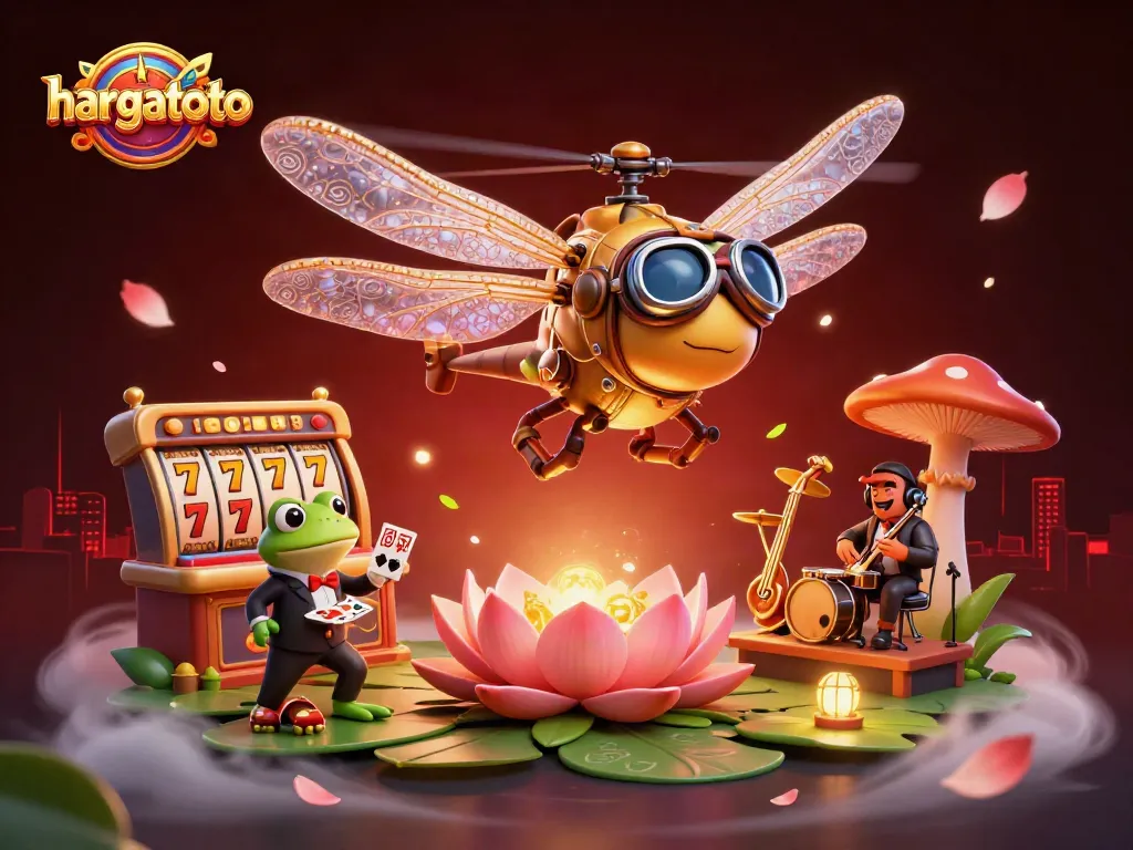 Play slots with hargatoto as a colorful dragonfly pilot hovers over a vibrant lily pad casino scene.