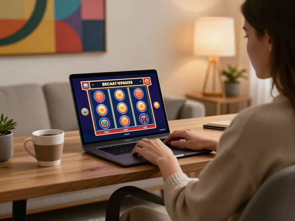 Engaging online gaming experience with sumclub showcasing vibrant slot graphics on laptop.
