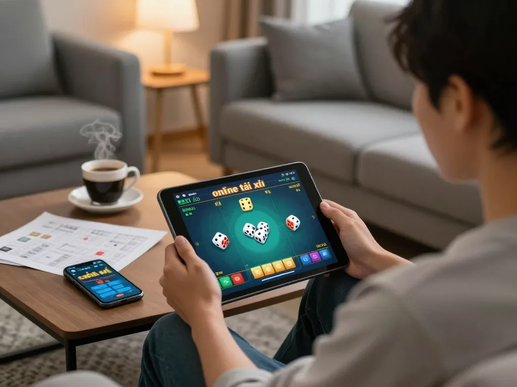 Engaged in app tài xỉu online uy tín, a player strategically uses their tablet for a thrilling gaming session in a cozy home.