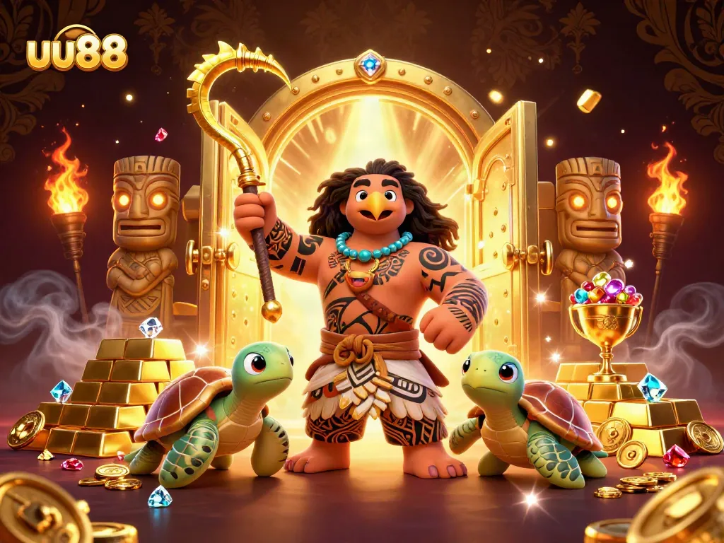 uu88 demigod and turtle dive into a sparkling treasure vault, showcasing dynamic casino action