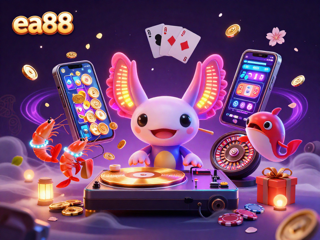 Spin the reels and win big at ea88 with neon axolotl DJ surrounded by vibrant gaming elements.