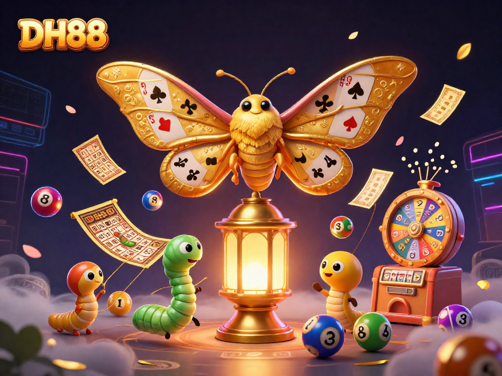 Experience the thrill of DH88 with the lively casino scene featuring a moth and dynamic game elements.