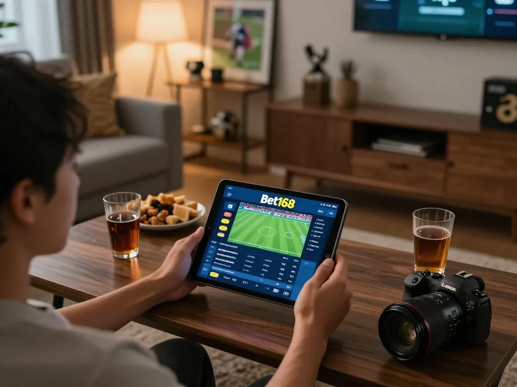 Engaging atmosphere with sports betting on Bet168 app, cozy living space, enjoying gambling responsibly.