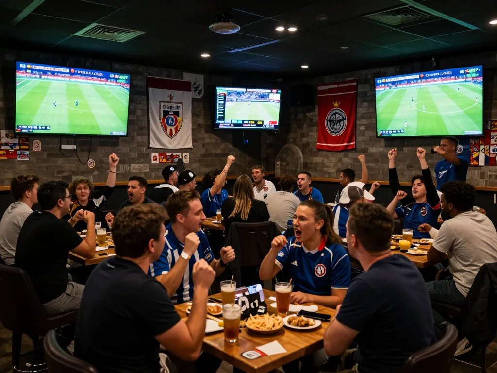 View of fans enjoying live soccer matches on CAKHIA TV at a vibrant sports bar, capturing the excitement and ambiance of game day