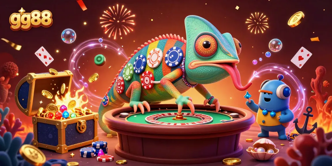 Experience thrilling gameplay at gg88 with a vivid chameleon casino owner and exciting game elements.