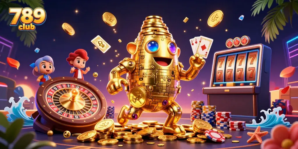 Experience thrilling gameplay at 789 club with a dynamic scene of a golden golem and casino elements.