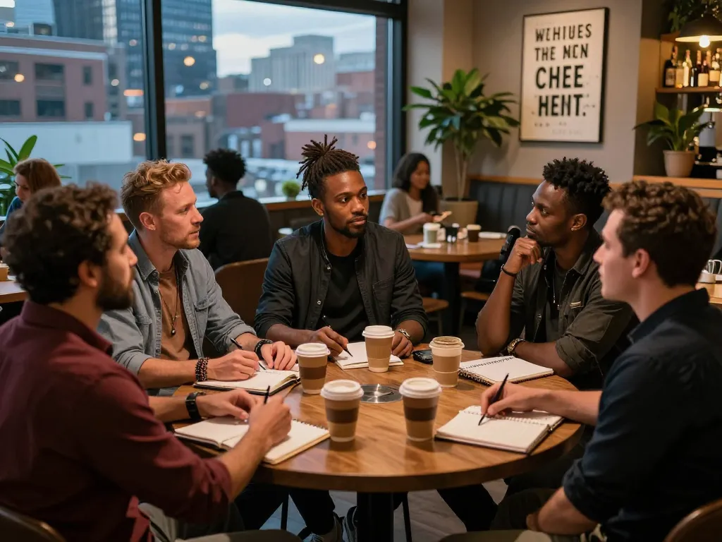 Men engaged in discussions at a modern manclub, showcasing diversity and community support.