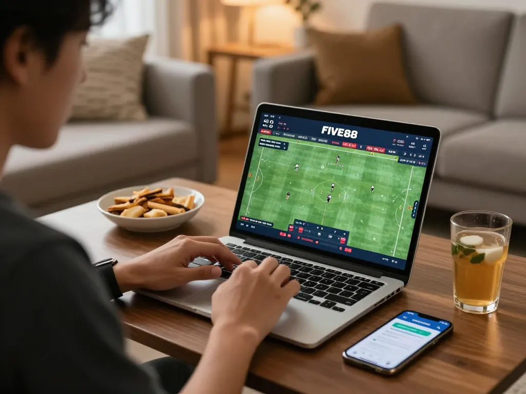Engaged gambler analyzing odds on nhà cái FIVE88 with sports betting setup.