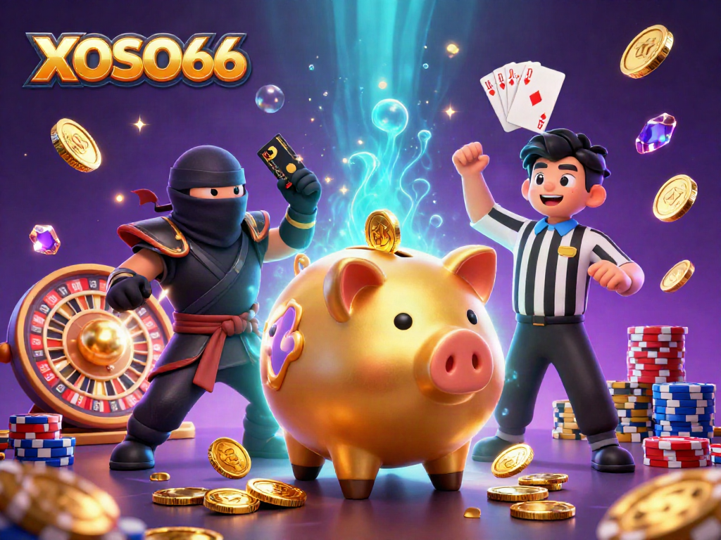 XOSO66 presents thrilling action with a golden piggy bank sumo wrestler, a wallet ninja, and a credit card samurai in a dynamic casino scene.
