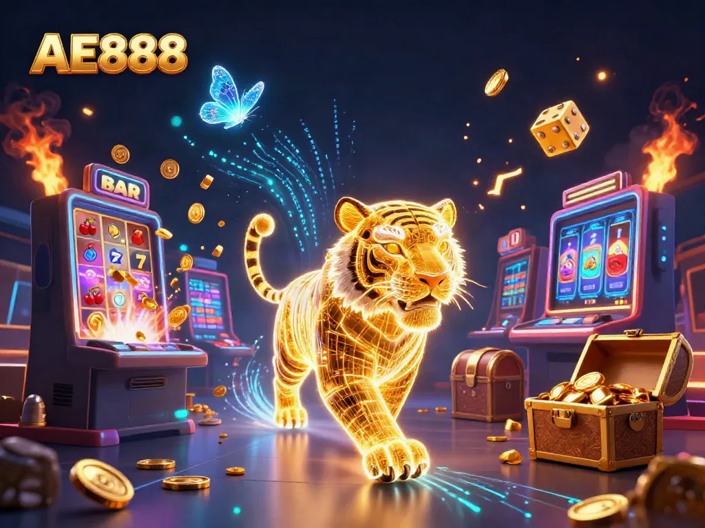 Experience the thrilling AE888 casino scene with a golden tiger amidst jackpots and game symbols.