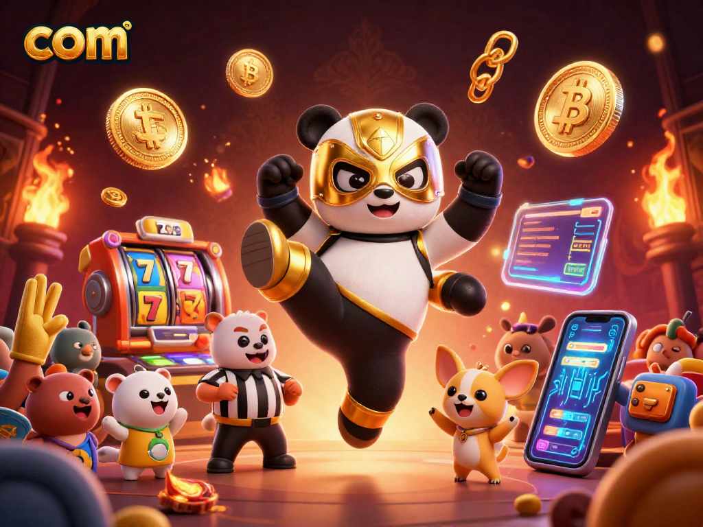 Engage in thrilling slot gaming at com with a dynamic scene featuring a wrestler panda and vibrant casino elements.