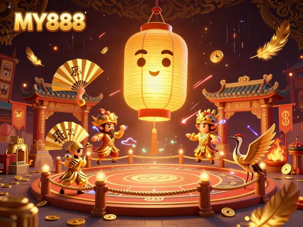 Engage in thrilling gaming at MY888 casino with golden lantern spirit and warriors, surrounded by vibrant casino elements.