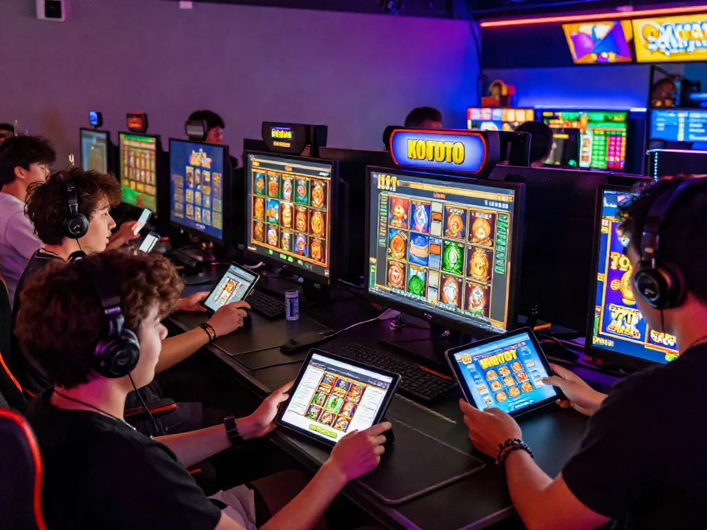 Players enjoying KOITOTO online gaming on various devices in a vibrant atmosphere.