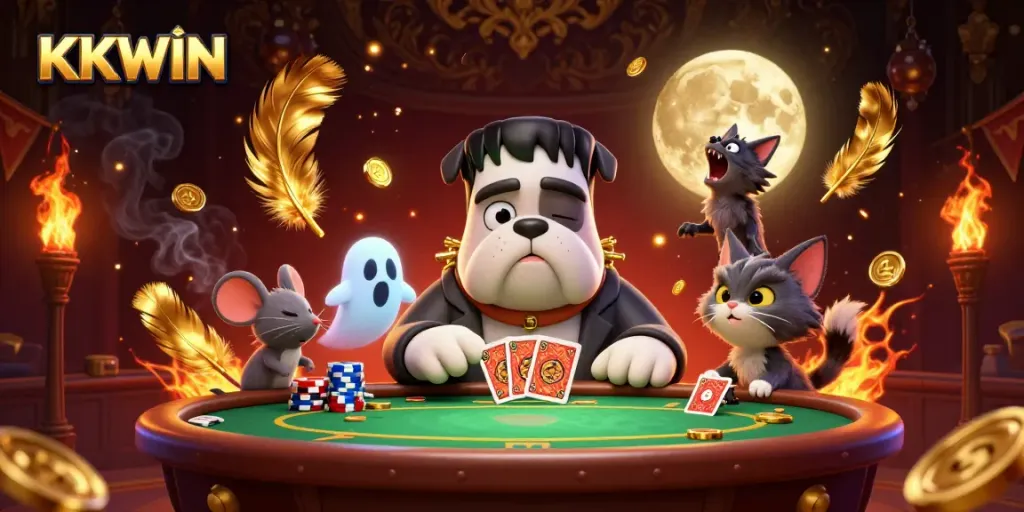 KKWIN poker scene featuring a cartoon Frankenstein bulldog and a werewolf kitten in action.
