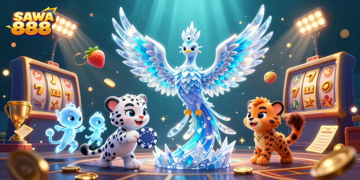 Engage in thrilling gameplay at SAWA 888 with a dynamic scene of vibrant slot reels and animated ice characters.