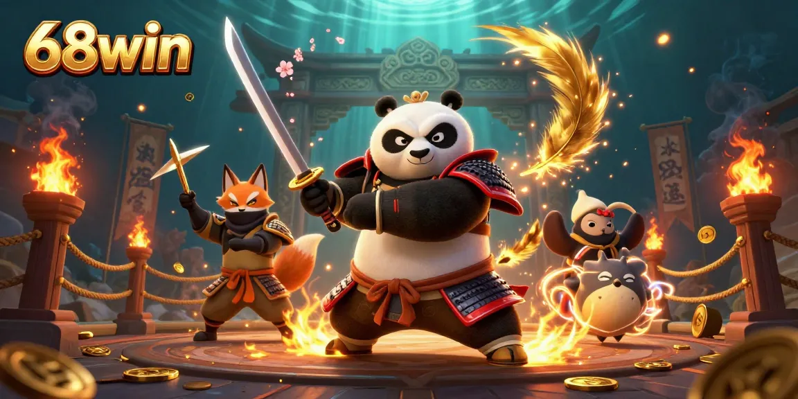 Experience the excitement of 68win with a dynamic casino illustration featuring a samurai panda and ninja fox.