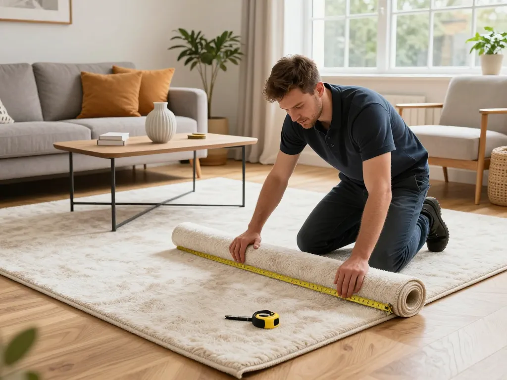 Professional carpet fitting services West London in a stylish living room with a carpet fitter measuring plush carpet.