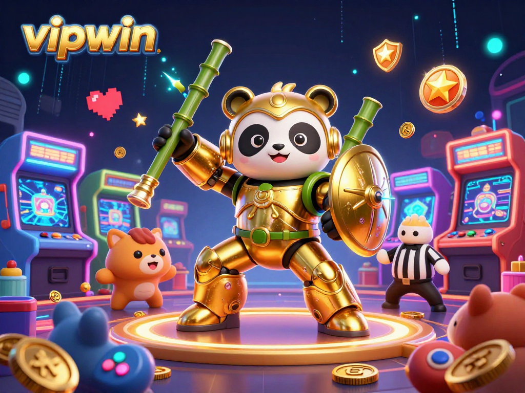 Engaging illustration of vipwin featuring a golden panda in combat, set in a lively casino arena.