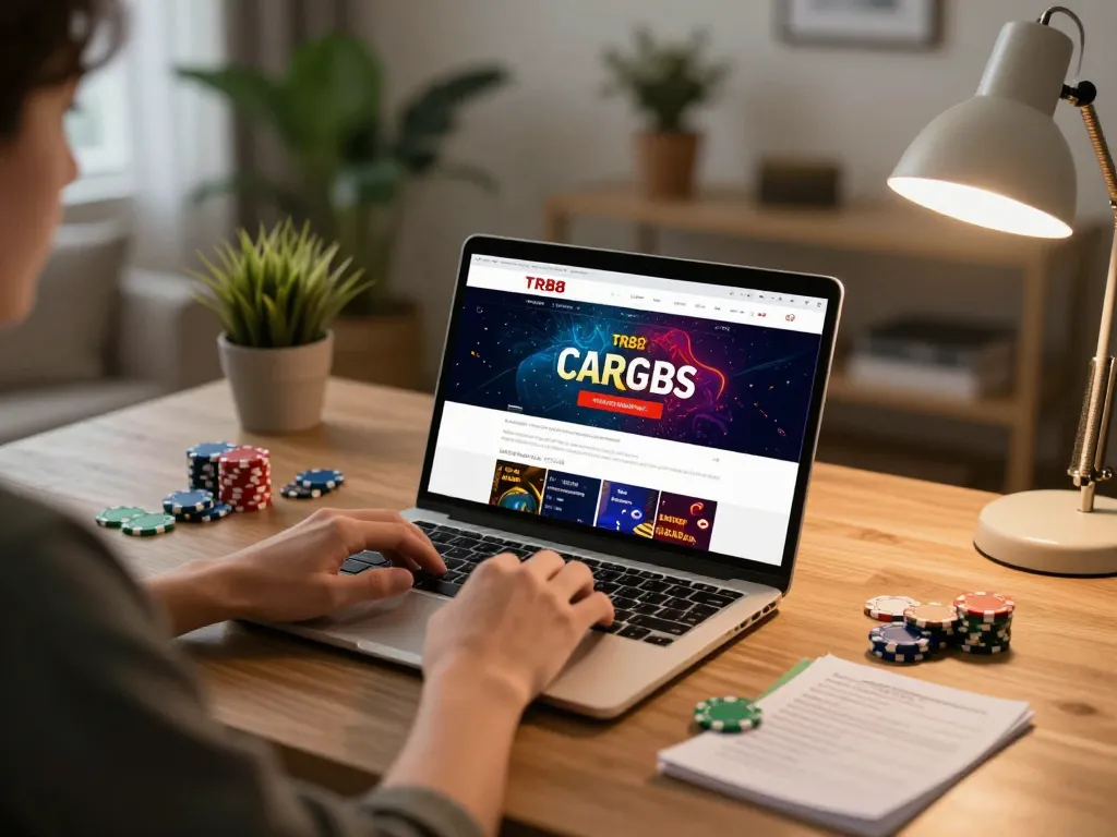 Player engaging in online gaming at TR88 casino, showcasing casino interface and strategy notes in a cozy setup