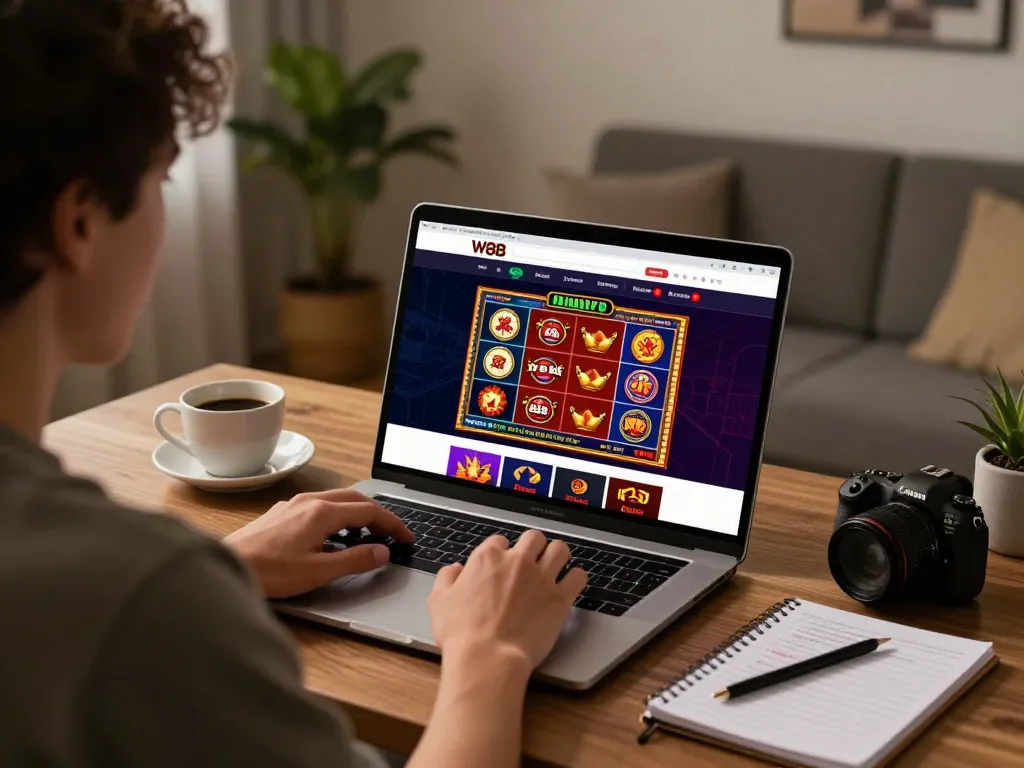 Person engaging with link w88 on laptop in cozy home office, focusing on slot games and strategies.