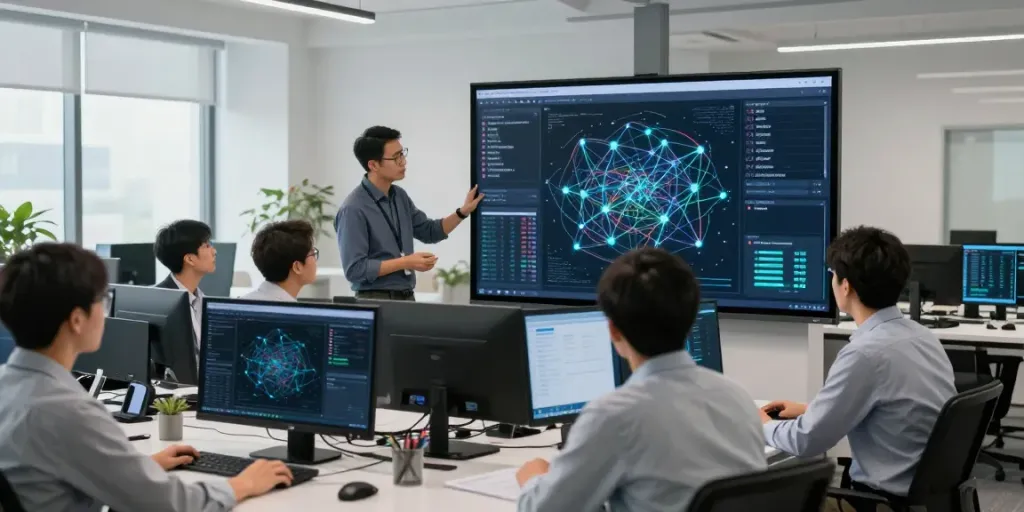Network vulnerability assessment analysis in a modern cybersecurity office setting.