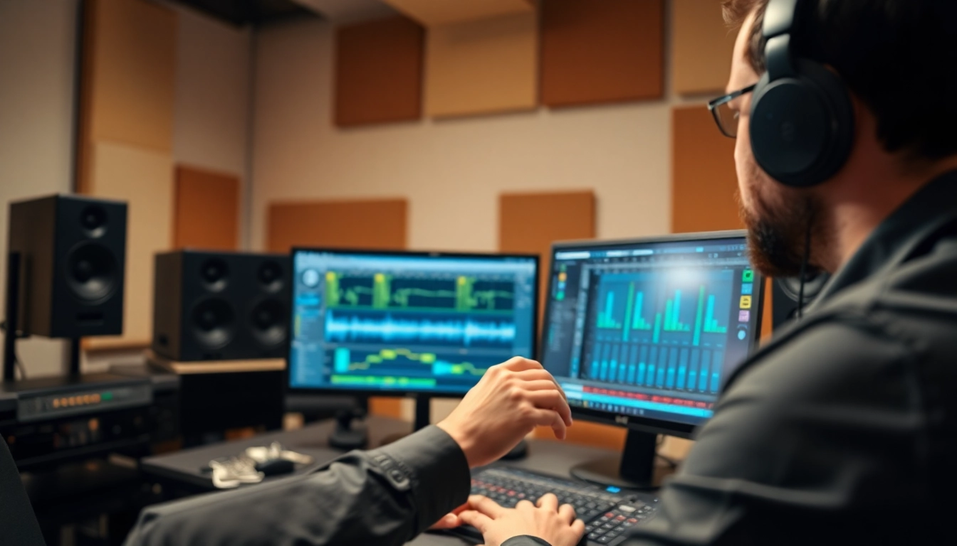 Engaged in online audio mastering, a professional engineer adjusts sound levels in a high-tech studio.