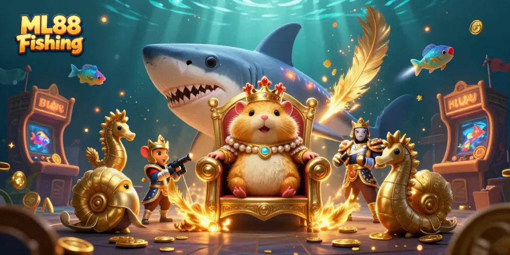 Engaging ML88 Fishing scene with underwater elements, featuring a golden hamster king and vibrant sea creatures.