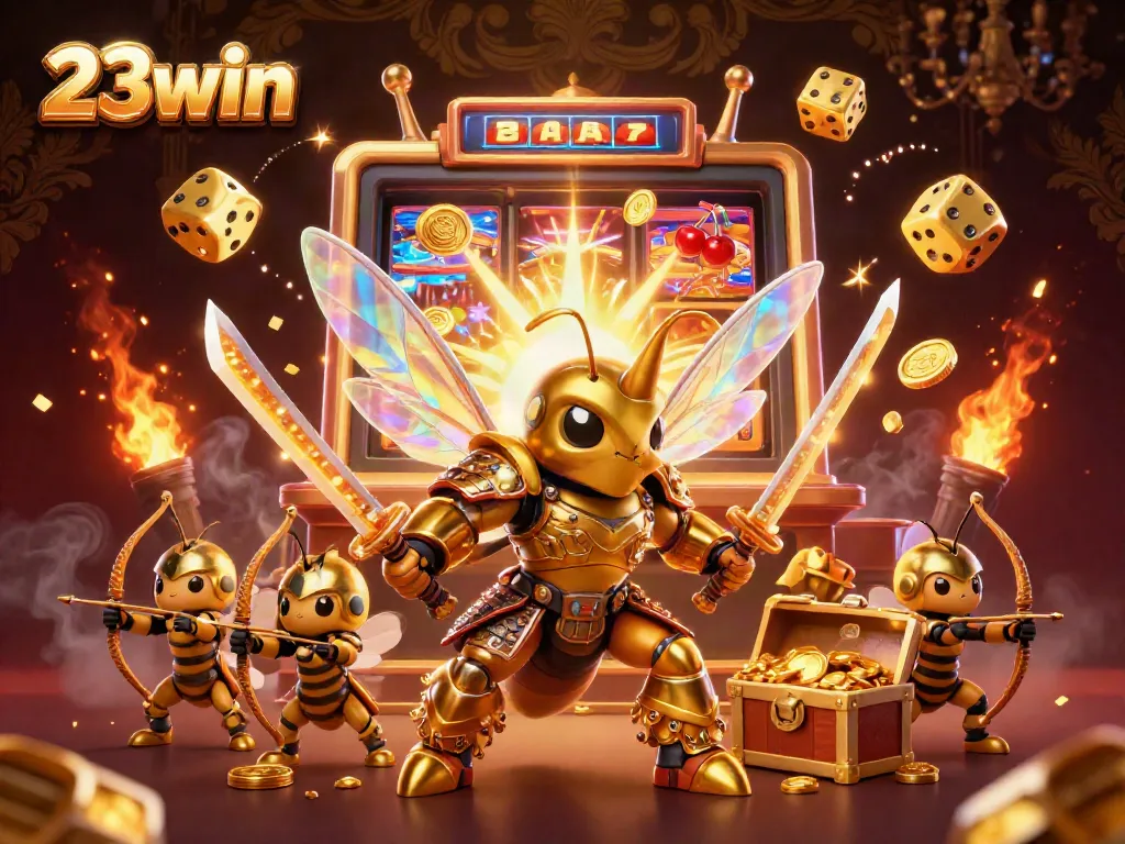 Experience thrilling gaming at 23win with a vibrant 3D jackpot scene filled with games and golden elements.